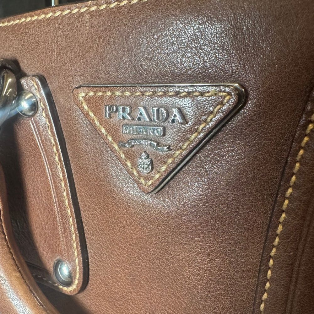 PRADA Nocciolo Brown Soft Calfskin Leather Large Satchel Tote Bag Auth - Picture 11 of 16